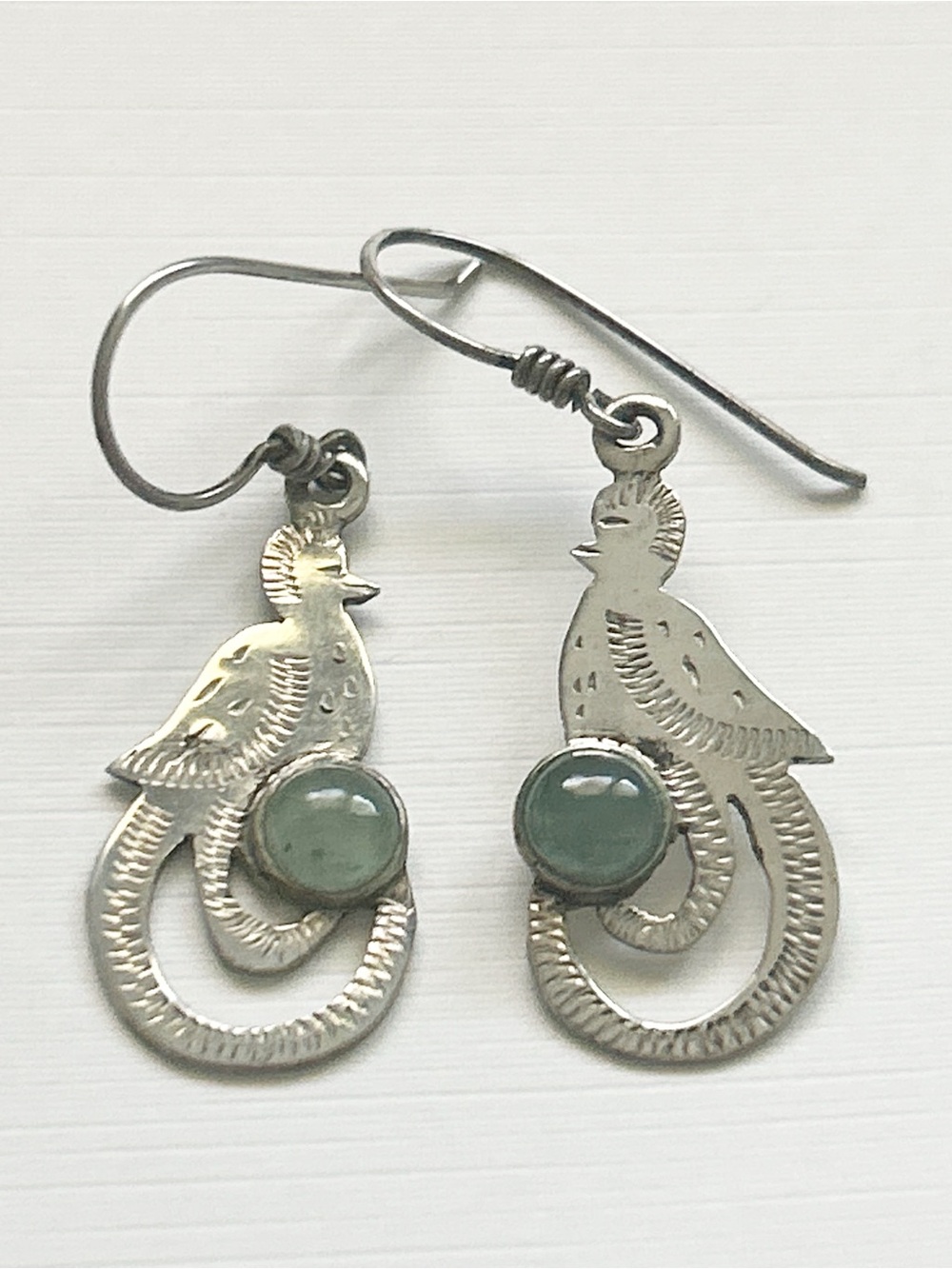 Vintage Guatemala Sterling Silver Jade Quetzal Bird Earrings